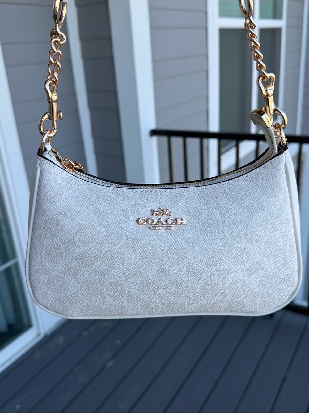 Coach White Signature Mini Shoulder Bag with Gold Hardware